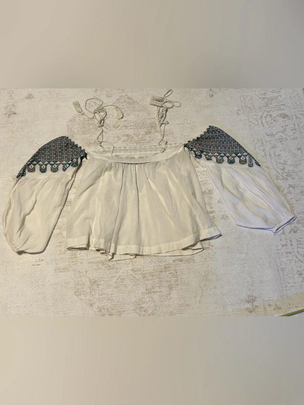 Free People Boho White Off-Shoulder Tunic with Teal Embroidery